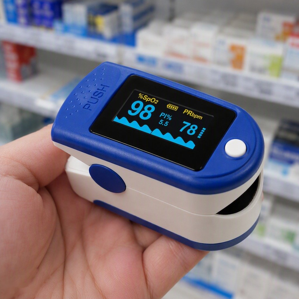 Retail box of the FO-POX-001 pulse oximeter for pharmacy distribution