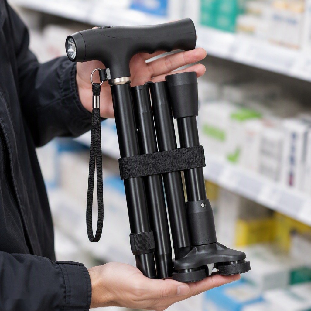 Folding Walking Cane with LED Light retail packaging