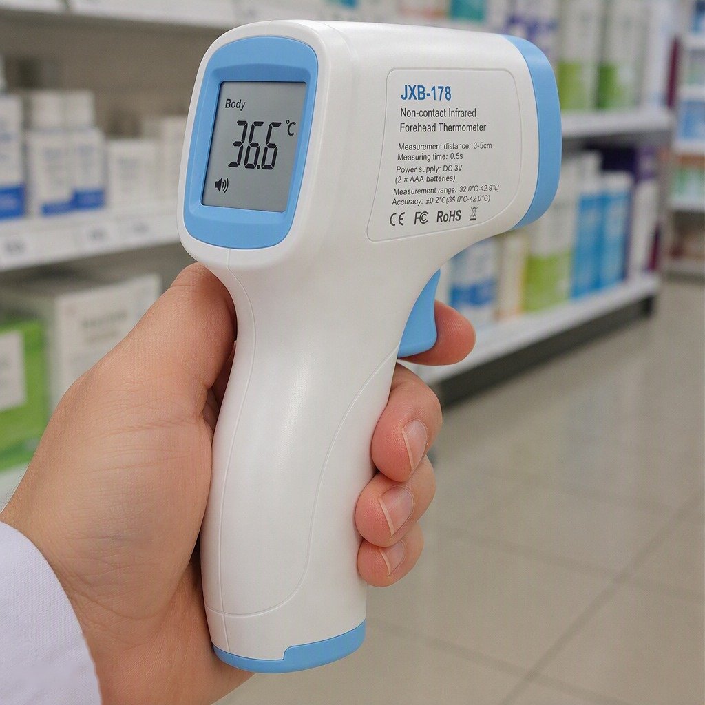 Retail box of the NC-THM-001 infrared thermometer for pharmacy distribution