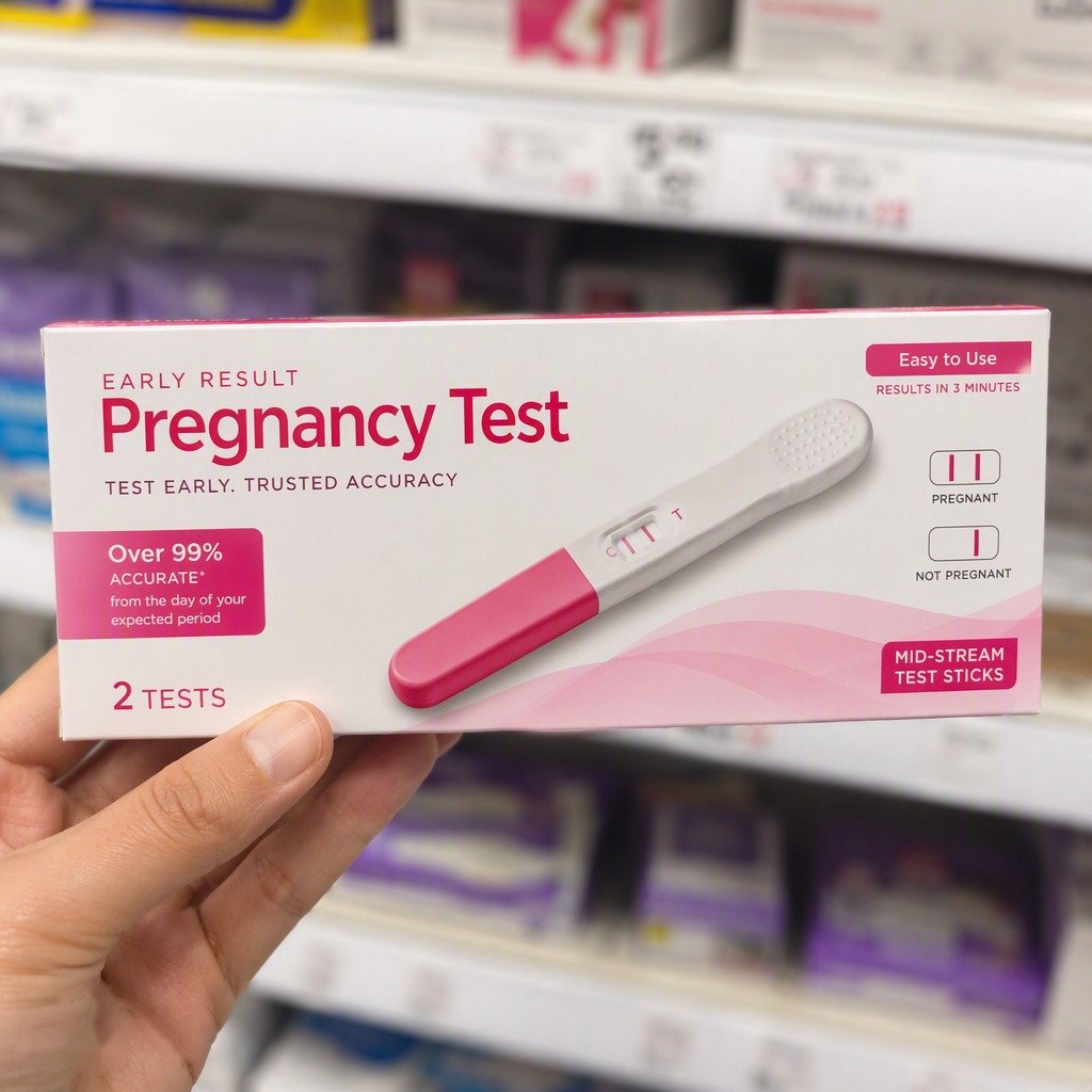 Retail box of the PT-KIT-001 pregnancy test kit for pharmacy distribution