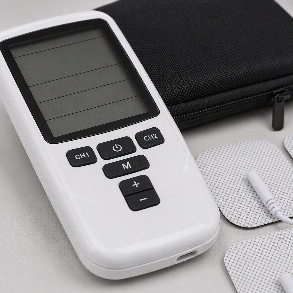 TE-TEN-001 TENS/EMS device in use with electrode pads applied